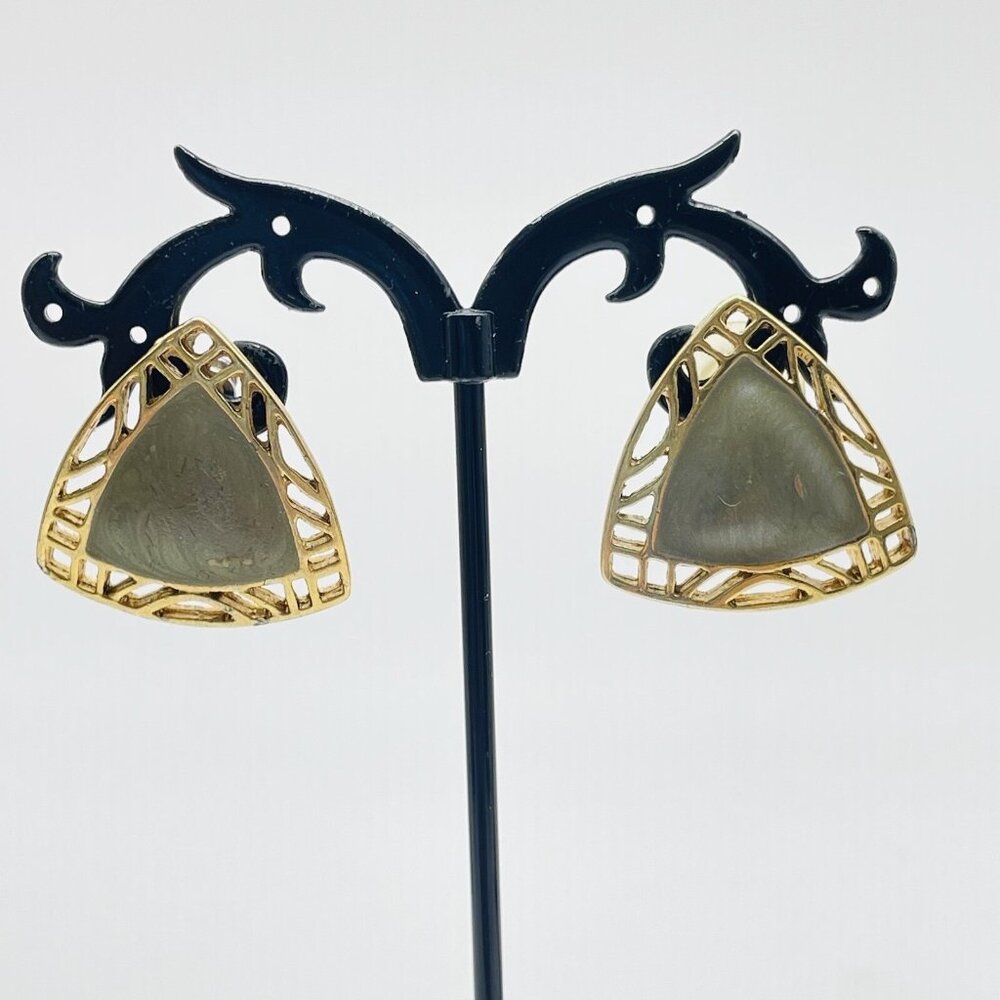 Triangle Pierced Earrings Green Enamel Center Gold Tone Lattice Retro